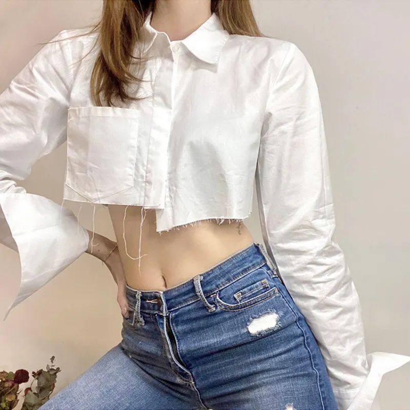 TWOTWINSTYLE Crop Top rumbai warna Solid, kemeja lengan panjang kerah Lapel longgar ukuran besar baru 2022 untuk wanita