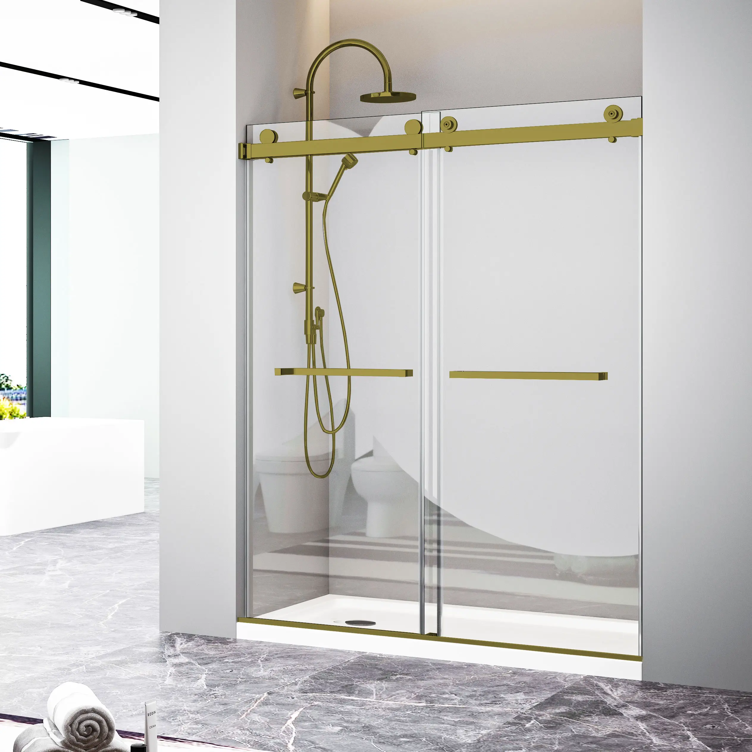 Gold Frameless Stainless Steel Bathroom Bypass Clear Tempered Glass Double Sliding Shower Door