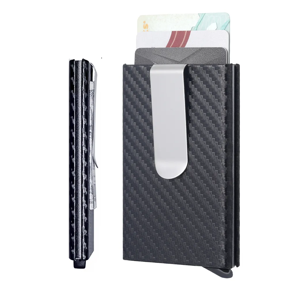 Dompet tipis minimalis pria, tempat kartu kredit saku depan untuk pria, dompet populer otomatis penghalang RFID ukiran Laser dengan klip uang
