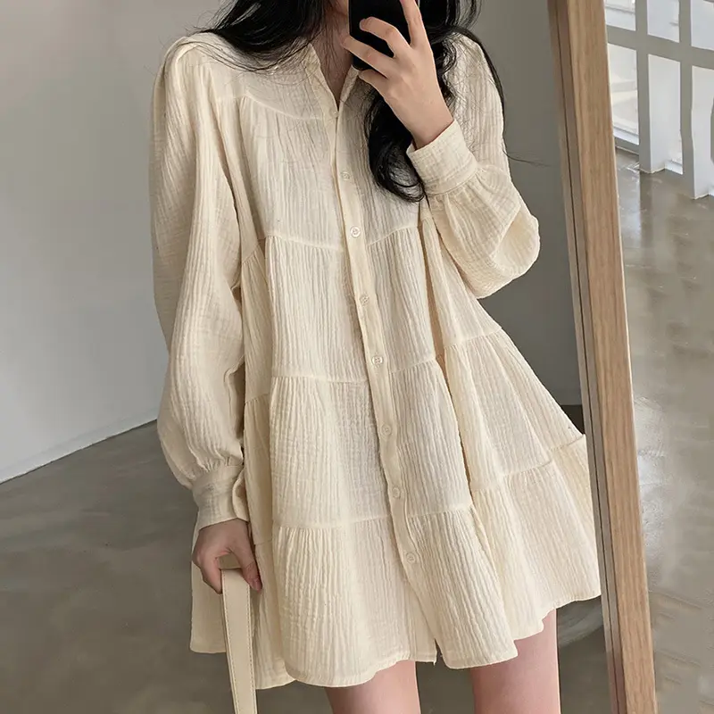 Boutique Korean Style 2021 New Spring Temperament Fashion Cotton Casual Bubble Sleeve Long Sleeve Women Dress