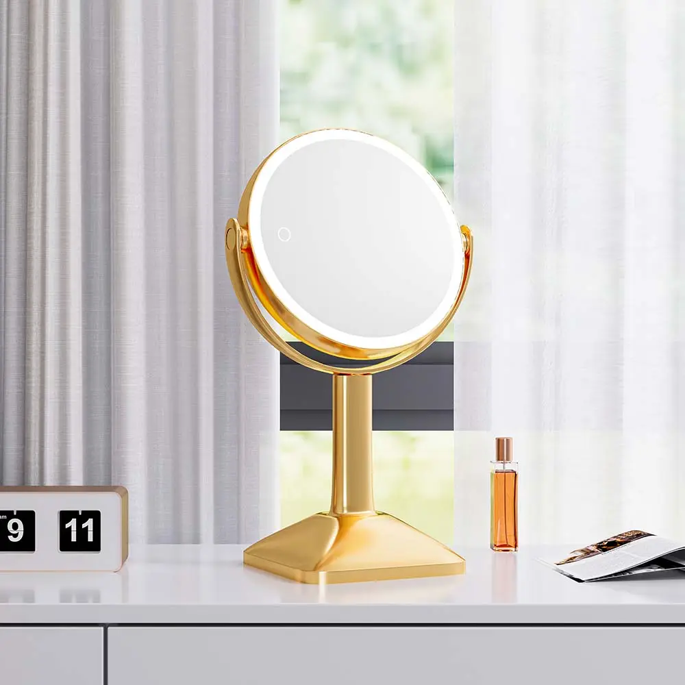 2024 nuevo diseño de mesa de Color personalizado espejo de tocador redondo de doble cara escritorio iluminado aumento espejo de maquillaje pantalla táctil