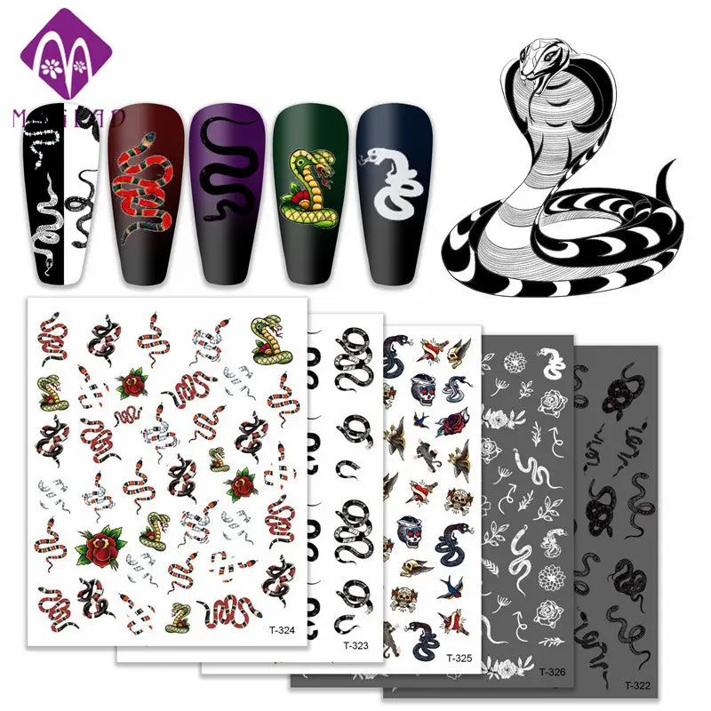 Pegatinas Nail Art de serpiente y flores, calcomanía para decoración de uñas