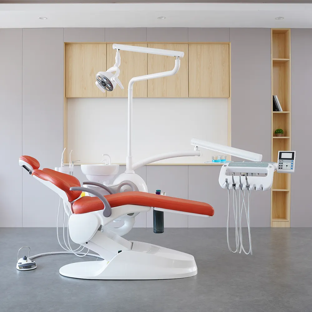 Silla dental elegante sin color amarillo M2 con piezas de repuesto y lámpara quirúrgica, tubo de agua alemán anticorrosión, envío rápido