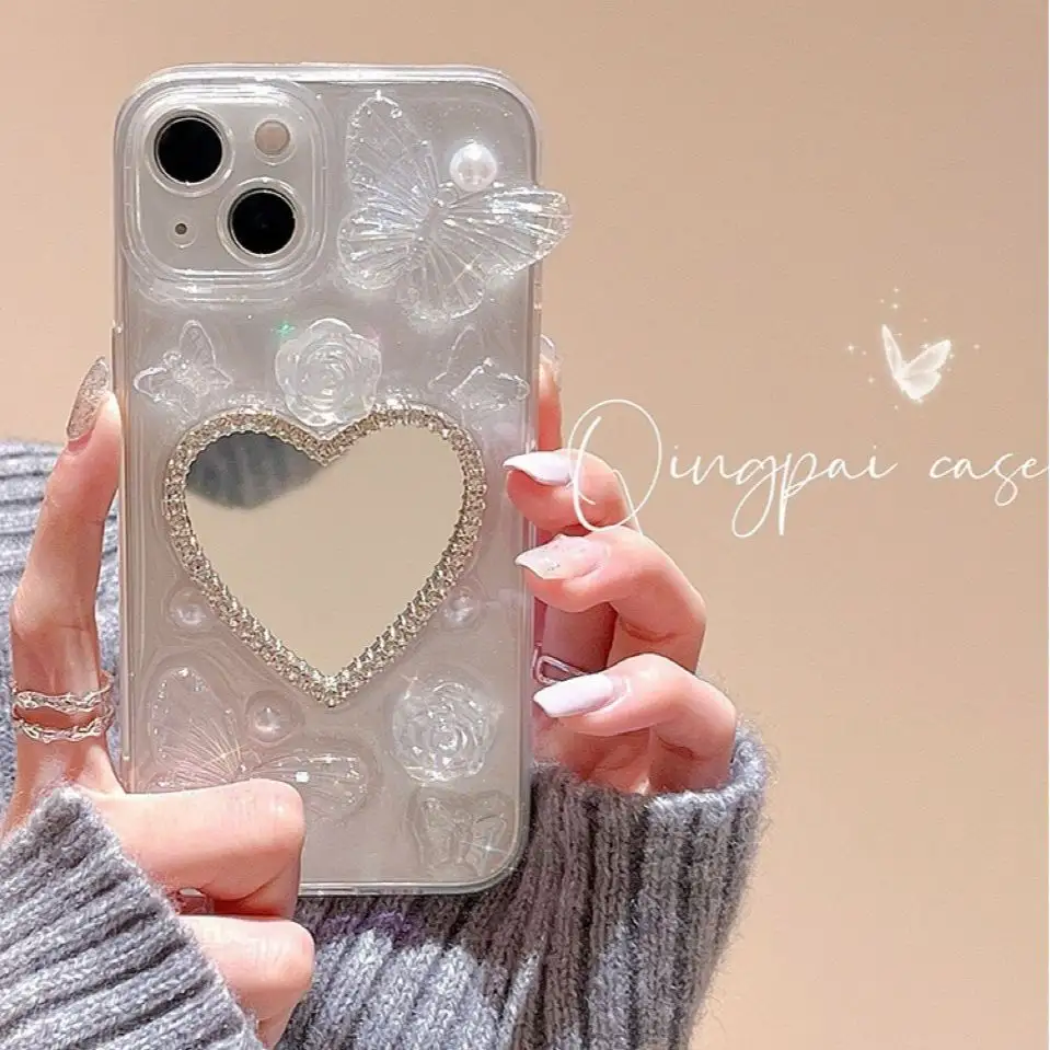 Capa de proteção transparente para celular, capa de TPU TPU para iPhone 14 15 Pro Max, fantasia borboleta amor maquiagem