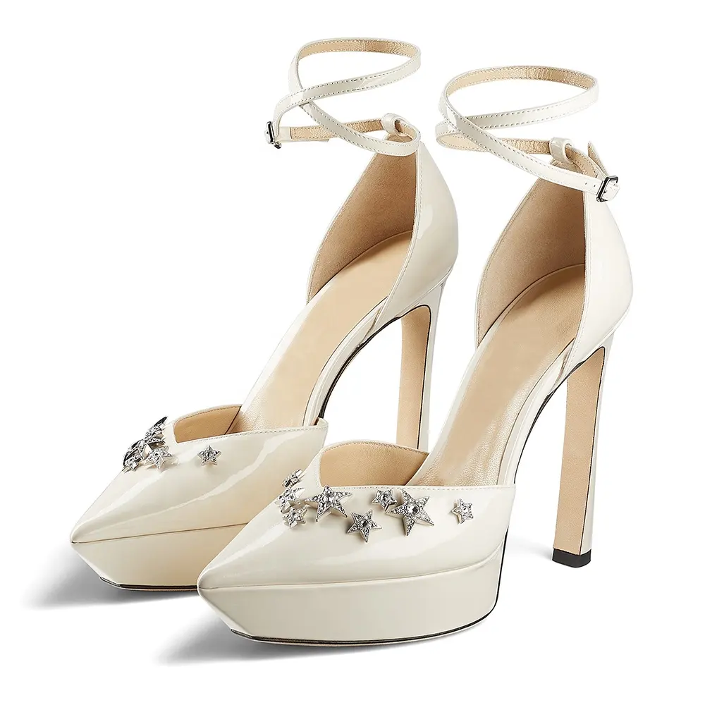 Sapatos de casamento femininos, sapatos de casamento branco com ponta em cristal, plataforma stiletto