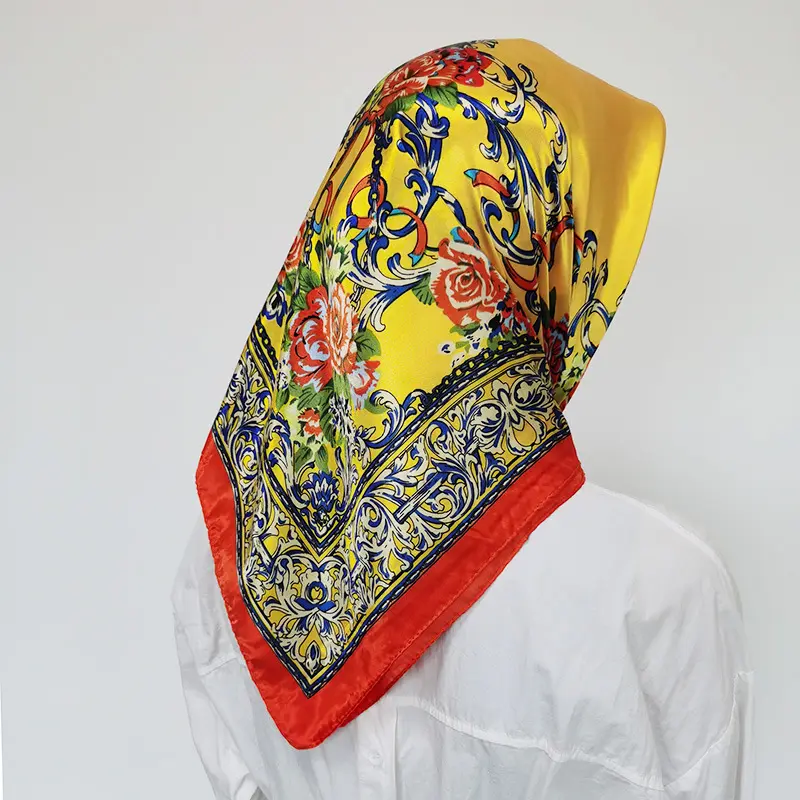 Foulard carré en Satin de soie avec imprimé pour femme, châle de couleur unie, de haute qualité, pour la danse du ventre