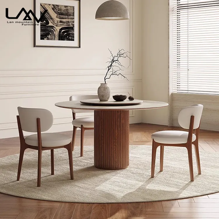 Mesa de comedor con marco de madera para comedor simple nórdico, estilo de diseñador, hotel de lujo, villa, mesa de comedor redonda de nogal y juego de sillas
