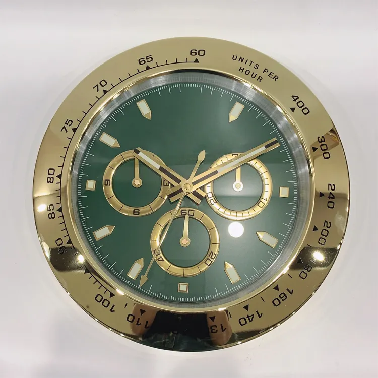 Offre Spéciale luxe lumineux montre forme horloge or et vert en métal horloge murale silencieuse