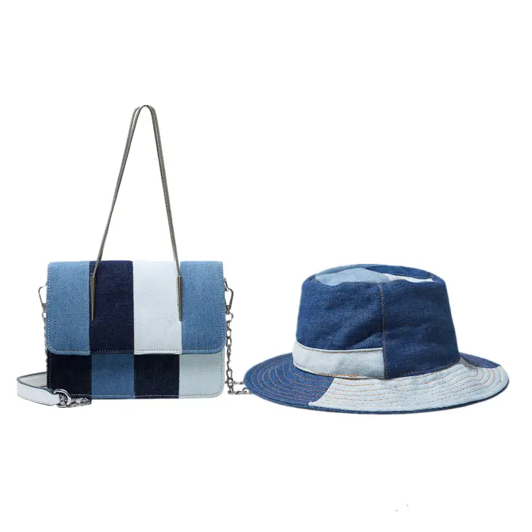 ผู้หญิง Denim Blue กระเป๋าถือหมวกและกระเป๋าชุดผู้หญิงกระเป๋ากับหมวกชุด
