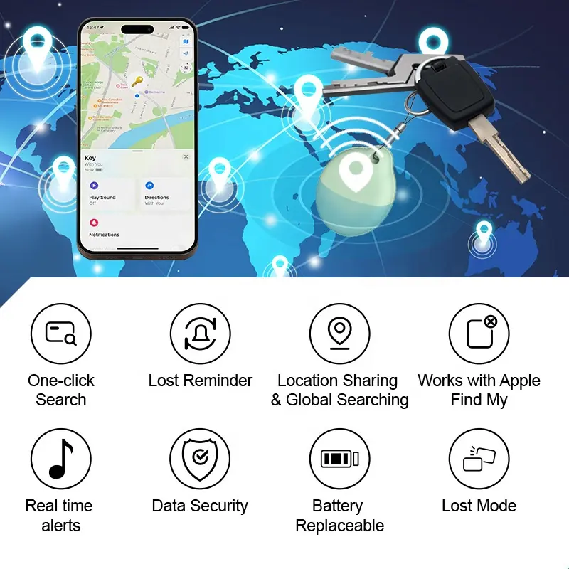 MFi 인증 Airtag 스마트 GPS 추적기 원격 컨트롤러 WiFi 네트워크 및 키 지갑 애완 동물 용 배터리 전원 공급 내 앱 찾기