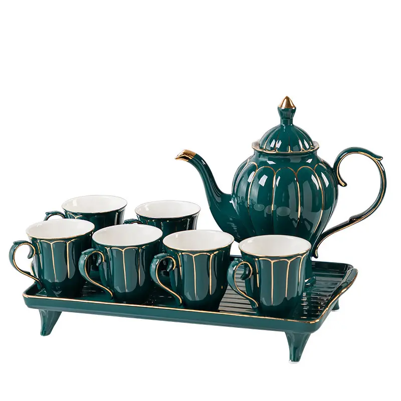 El yapımı yeşil sırlı seramik kraliyet kahve seti iş hediye kutusu seramik arapça kahve çay bardağı ve tencere seti