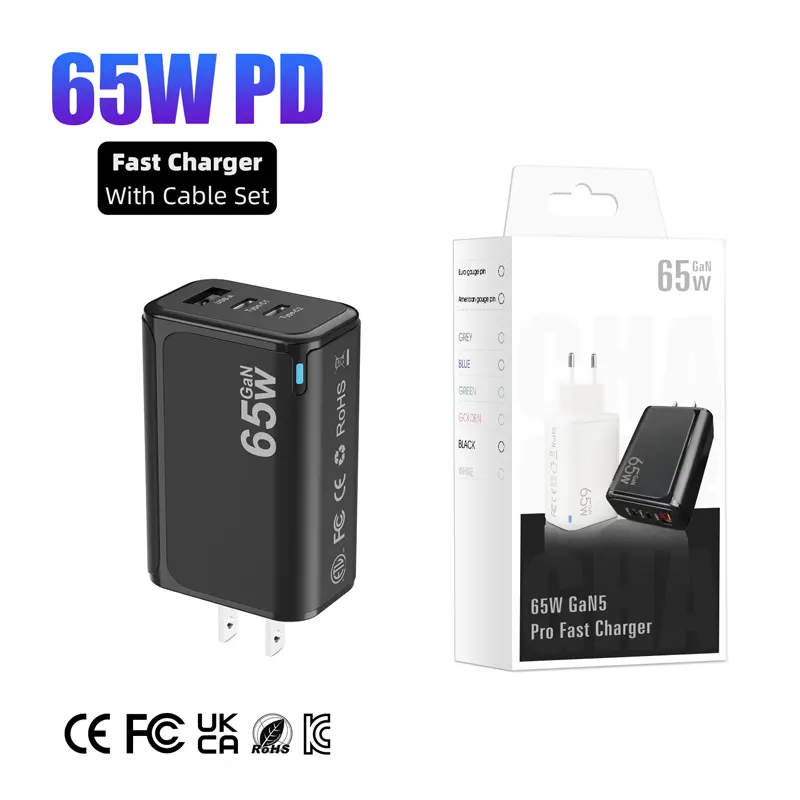 Cargador rápido de pared Pd3.0 Qc3.0, adaptador de viaje de carga rápida Usb C de 65w de alta calidad para teléfonos portátiles de la UE