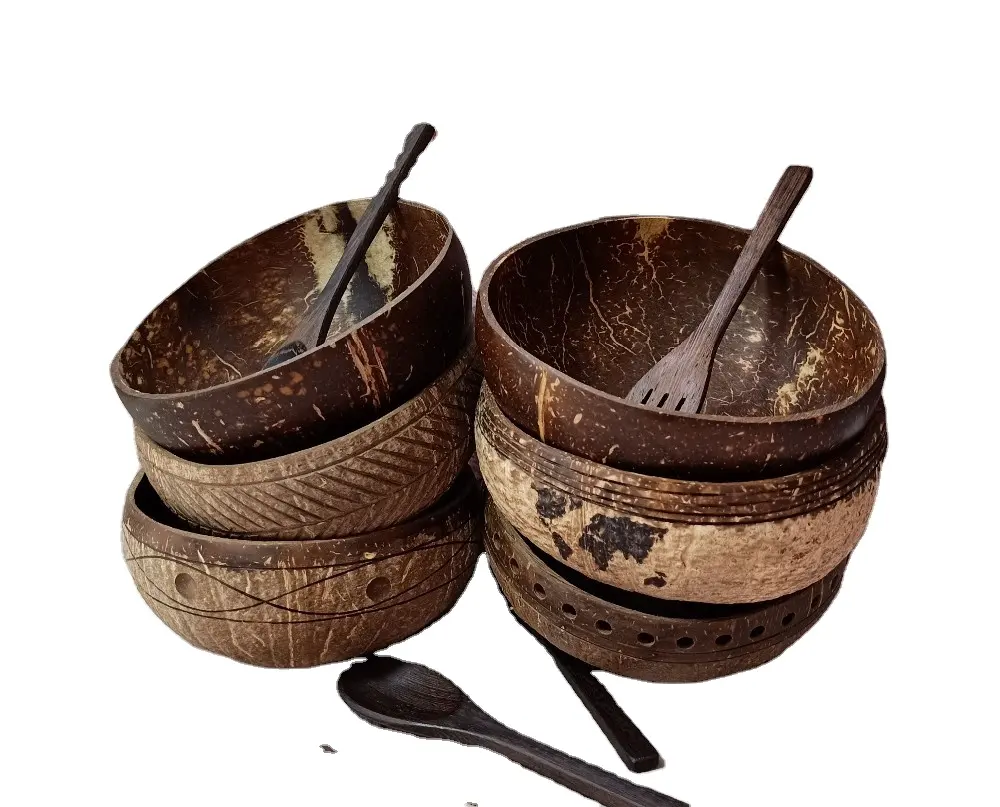 Миска из кокосовой скорлупы с декоративным узором ручной работы, сделано в Вьетнаме, с комплектами для хранения смузи, салатов и супов