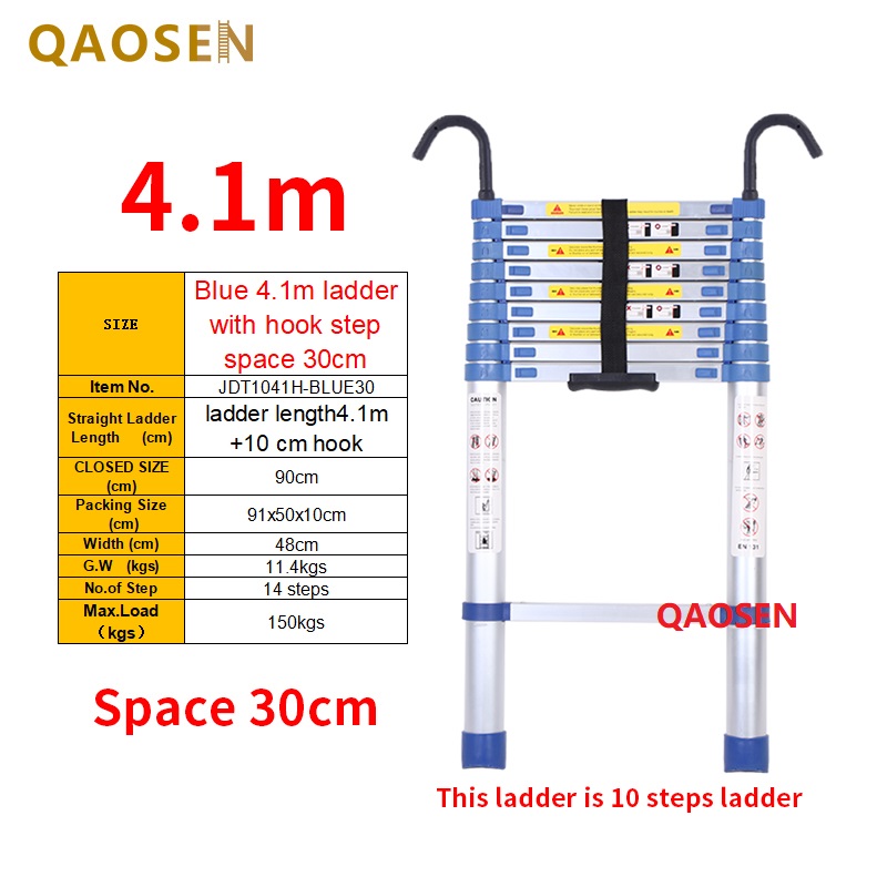Blue 4.1m ladder with hook step space 30cm