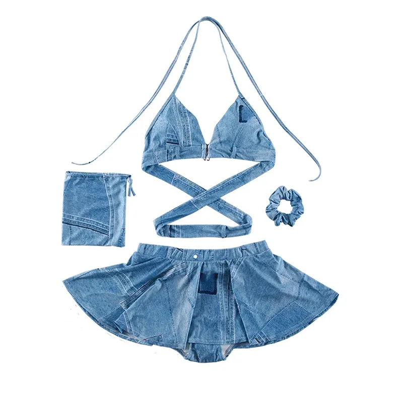 Hl biquíni de denim feminino, roupa de praia feita em tecido, duas peças, moda praia, atacado