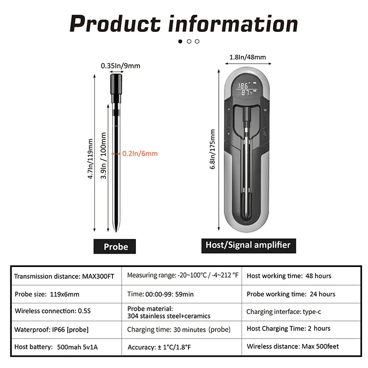 LCD Display Instant Read Smart meat probe thermometers Wireless Digital Bluetooth BBQ Meat Thermometer