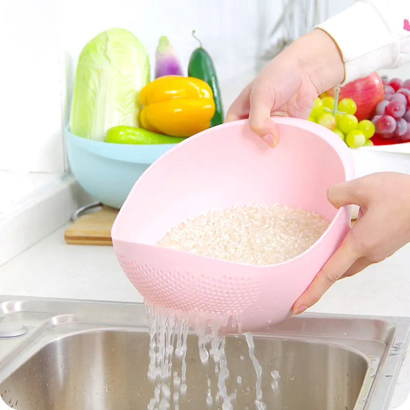 Colino per rondella di riso in plastica per uso alimentare colino per lavaggio con manico per arco di scarico dell'acqua di frutta e verdura