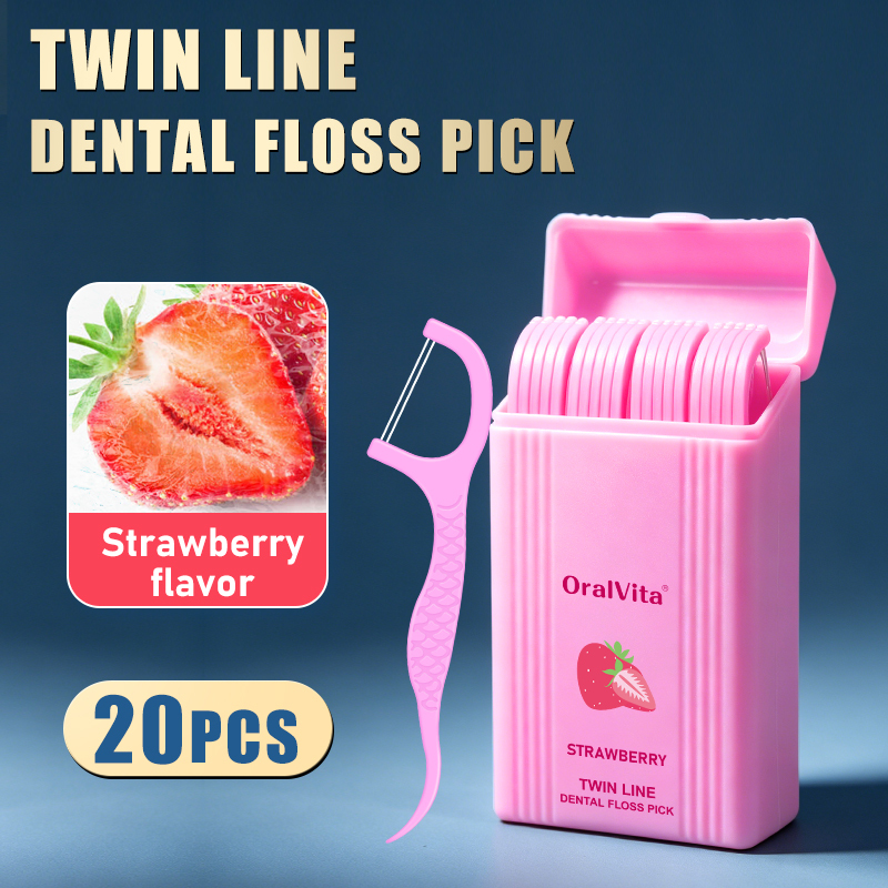 Fil dentaire F double ligne saveur fraise 20picks/boîte - rose