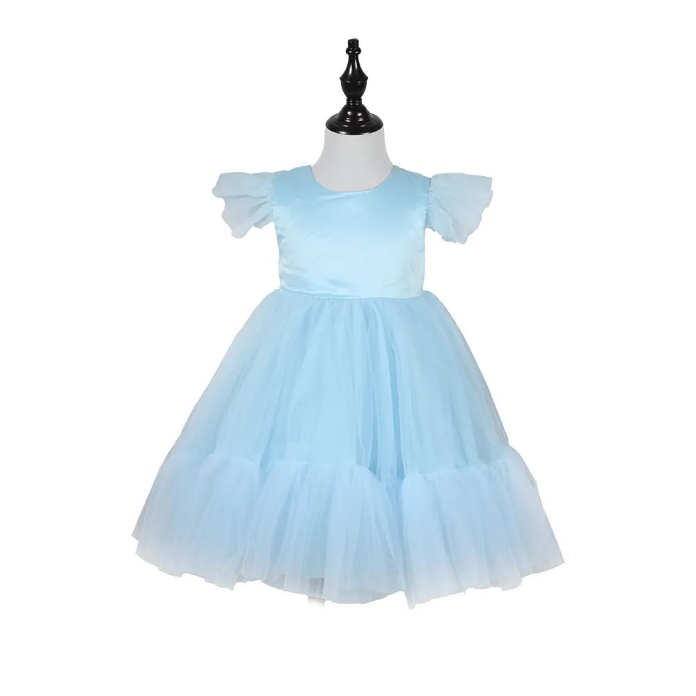 Filles robes de mariée élégantes pour enfants mode tulle soirée princesse fête tutu robe de bal robe bleu poussiéreux