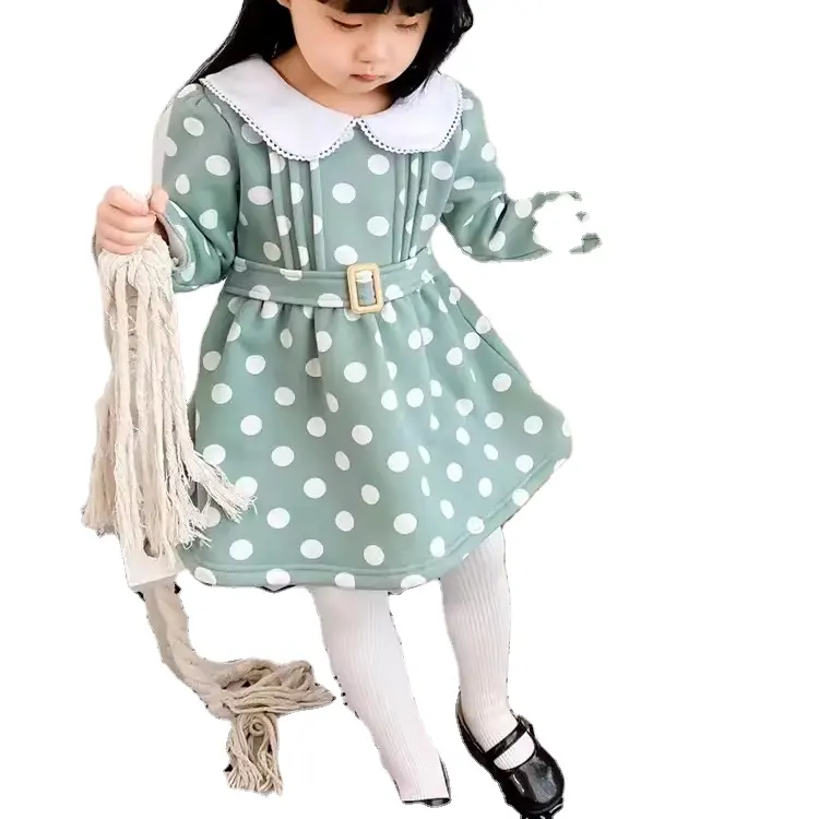 2024 बच्चों की नवीनतम पोल्का डॉट लेस नेकलाइन ड्रेस वसंत और शरद ऋतु लड़कियों की पोशाक