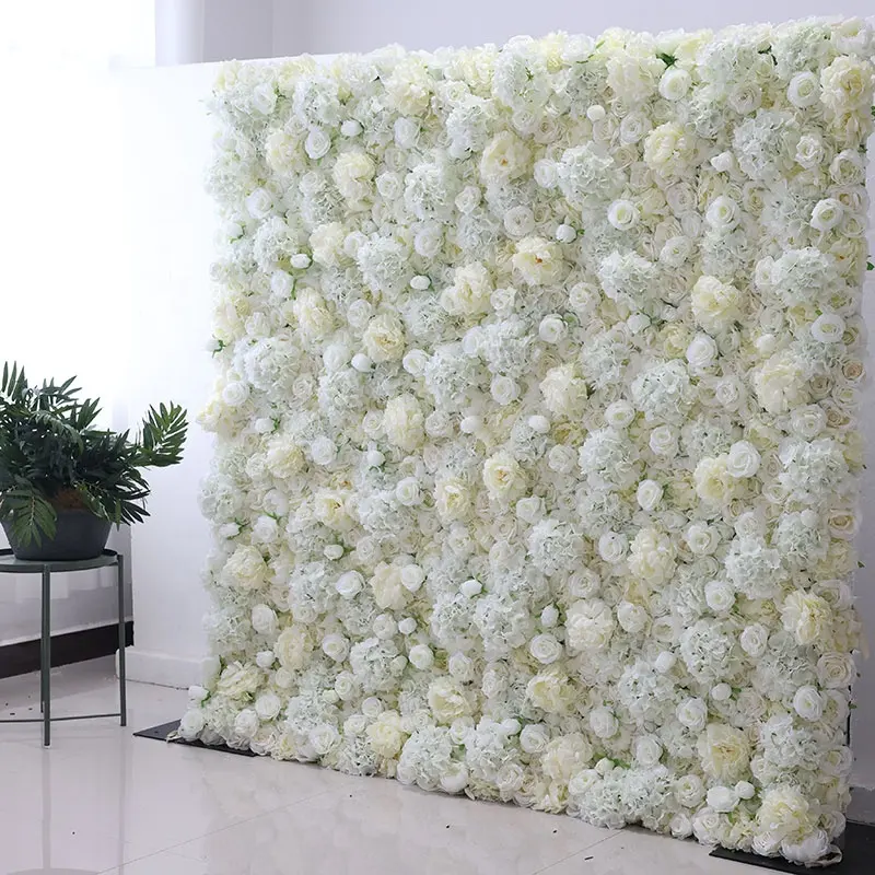 Cortina de pared enrollada de flores de seda, fondo blanco de 240x240cm para iglesia/hotel y boda