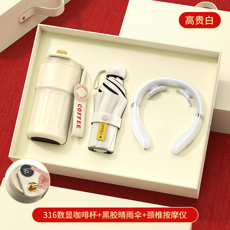 Masseur de cou en forme de tasse à café avec écran de 316 pouces, parapluie tendance - ensemble trois pièces blanc business avec coffret cadeau.