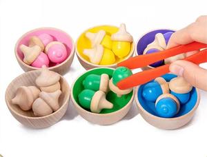 WoodenKids Acorns sayma ve sıralama oyuncak seti 20 meşe palamudu ve Montessori ve Montessori yürümeye başlayan oyun için kaşık cımbız ile 6 kase