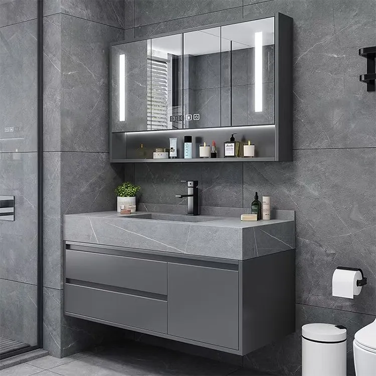 Mobile da bagno moderno galleggiante con montaggio a parete di lusso con mobiletto da bagno con specchio per lavabo a specchio