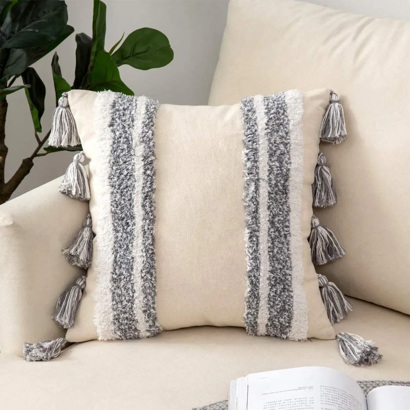 Capa de travesseiro boêmia com borlas, decoração quadrada, capa de travesseiro com zíper invisível para cama e sofá, sala de estar ao ar livre