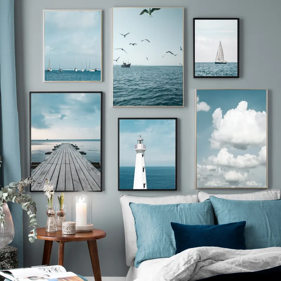 Nordic Poster Mare Strada Ocean Barca Faro di Arte Della Parete della Tela di Canapa Pittura di Paesaggio Stampe di Immagini A Parete Per Soggiorno Deco