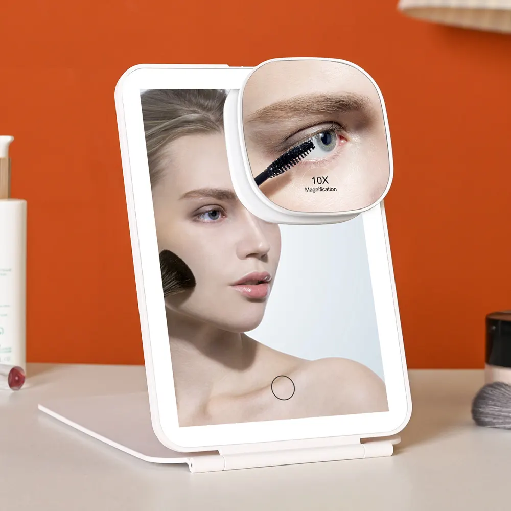 Oplaadbare Driekleurige Verlichting Draagbare Led Opvouwbare Make-Upspiegel Voor Reizen Met 10x Vergrotende Spiegel