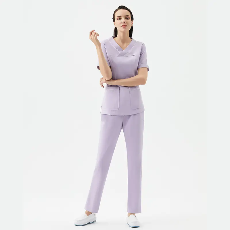 Nuevo estilo Listo para enviar LOGOTIPO PERSONALIZADO manga corta uniformes médicos conjuntos enfermera con bolsillos médicos grises conjunto enfermera clínica uniforme