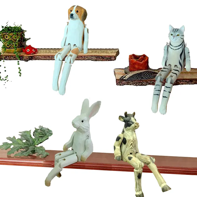 wood craft animal decor carved wooden shelf sitter jointed farm animals wood cow dog rabbit cat