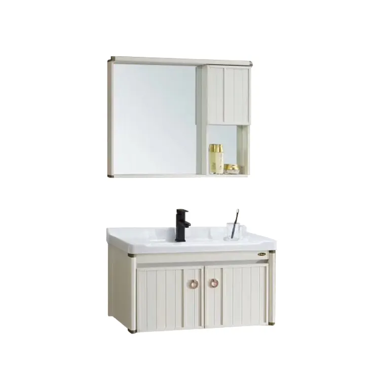 Diseño moderno de aluminio de la cuenca de madera contrachapada de la esquina de la pared vanidad mueble de baño con espejo