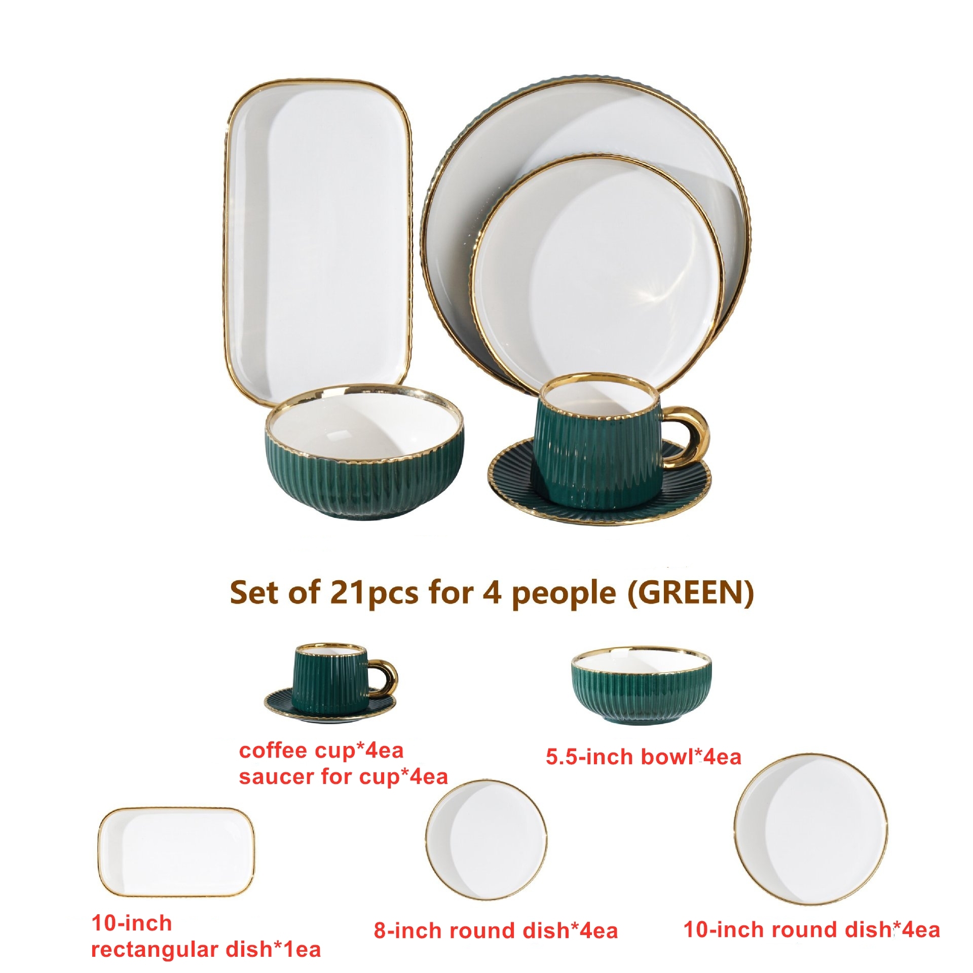 green 21-piece set for 4 people