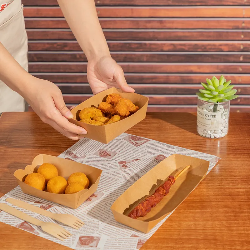 LOKYO Eco friendly to go carré chip frites poulet frit boîte jetable en papier kraft bateau fast food plateau d'emballage