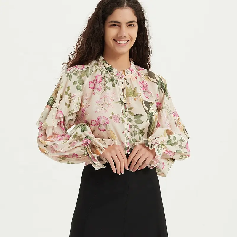2024 New Arrival Ladies Casual Blouse Shirt Floral Pattern with Ruffled Collar Sweet Style for Spring