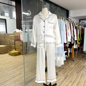厂家批发奢华睡衣丝绸长袖提花长睡衣休闲服套装条纹缎子两件套睡衣