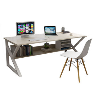 Escritorio de madera de doble acero para oficina, mesa de trabajo con estantería - Product Image 1