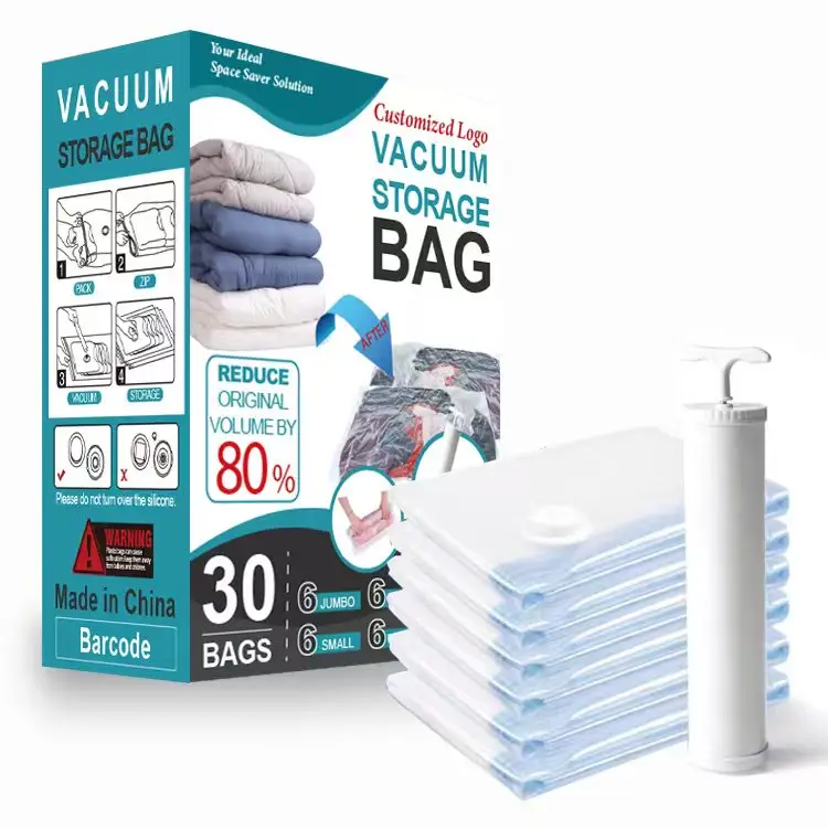 30 Paket Verkäufer polyester smart sparen wiederverwendbar hängend vakuum lagerung großer Beutel für kleidung verpackung mit handpumpe