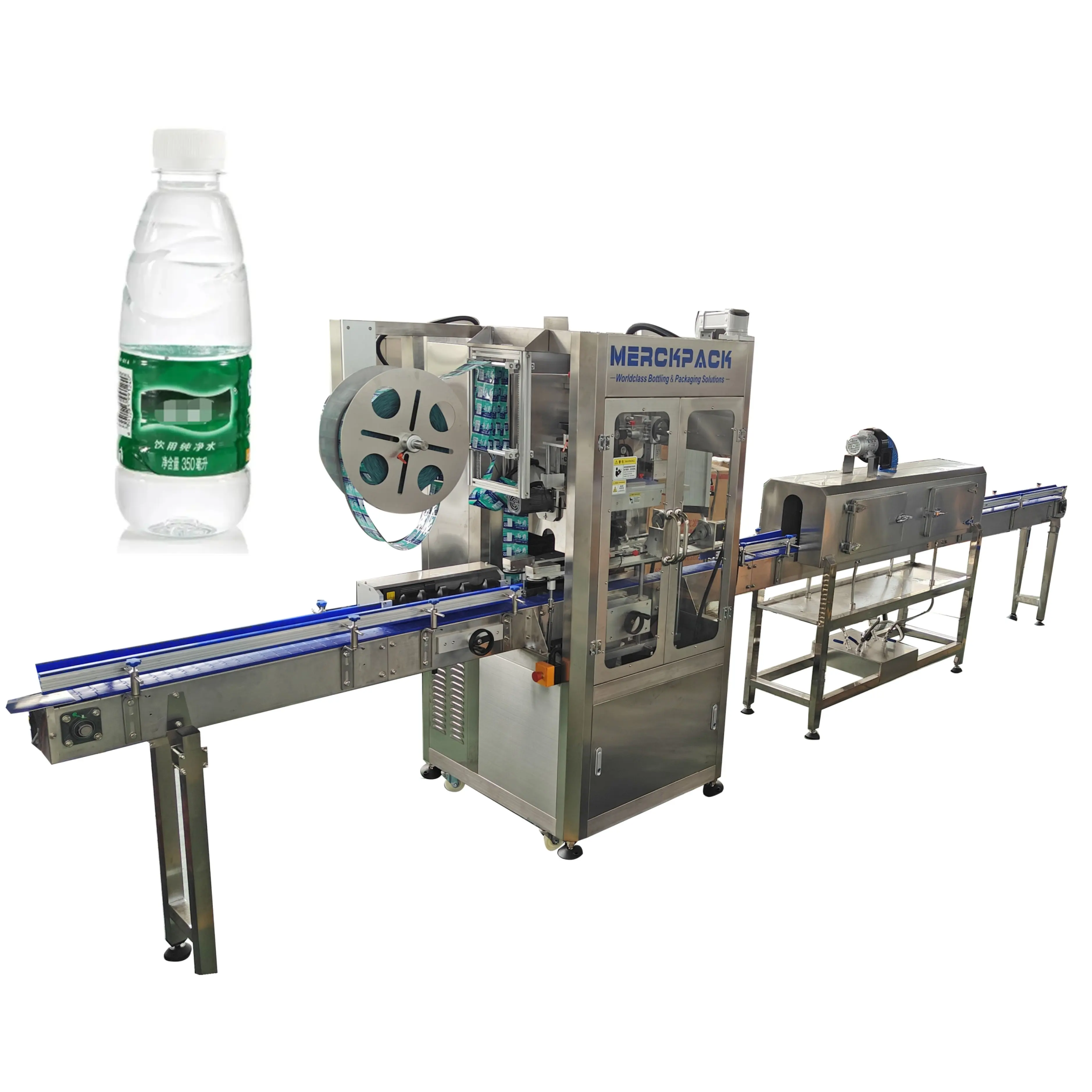Otomatik isı streç Shrink PVC PET kol etiketleme makinesi komple şişe su içecek şampuan popcan etiketleme üretim hattı