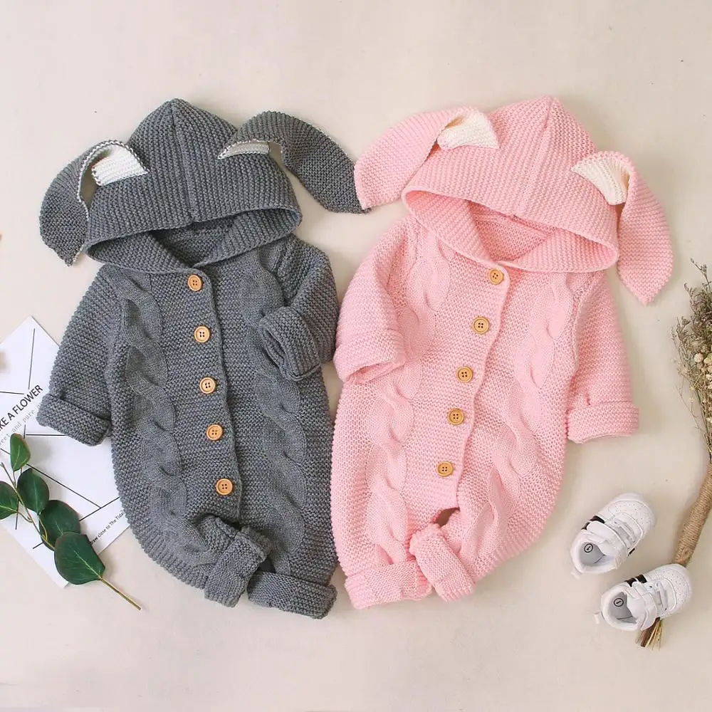 Pelele de punto para bebé recién nacido, mono con capucha y Orejas de conejo, mono liso cálido, ropa de invierno para bebé, disfraz