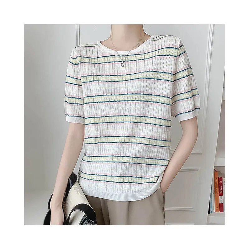 Ice silk cutout crewneck stripe knit short sleeve T-shirt women's summer pullover half sleeve top