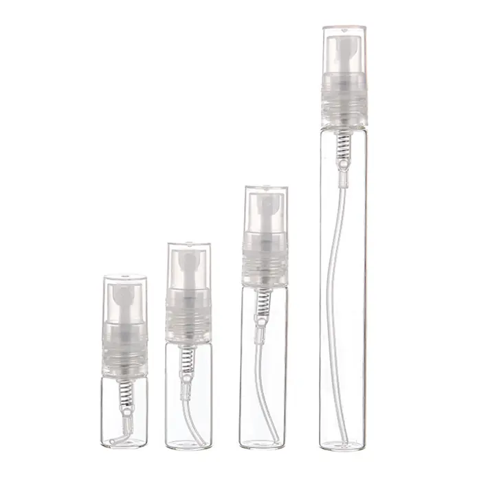 Botella atomizadora de Perfume pequeña, viales de vidrio de muestra con bomba de pulverización de plástico, Mini botellas de prueba, barata, de alta calidad, 2ml, 3ml, 5ml, 10ml