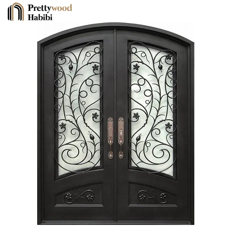 Puertas de entrada de Metal estilo francés forjado para el hogar, puerta de seguridad de hierro doble, frontal de cristal fundido moderno