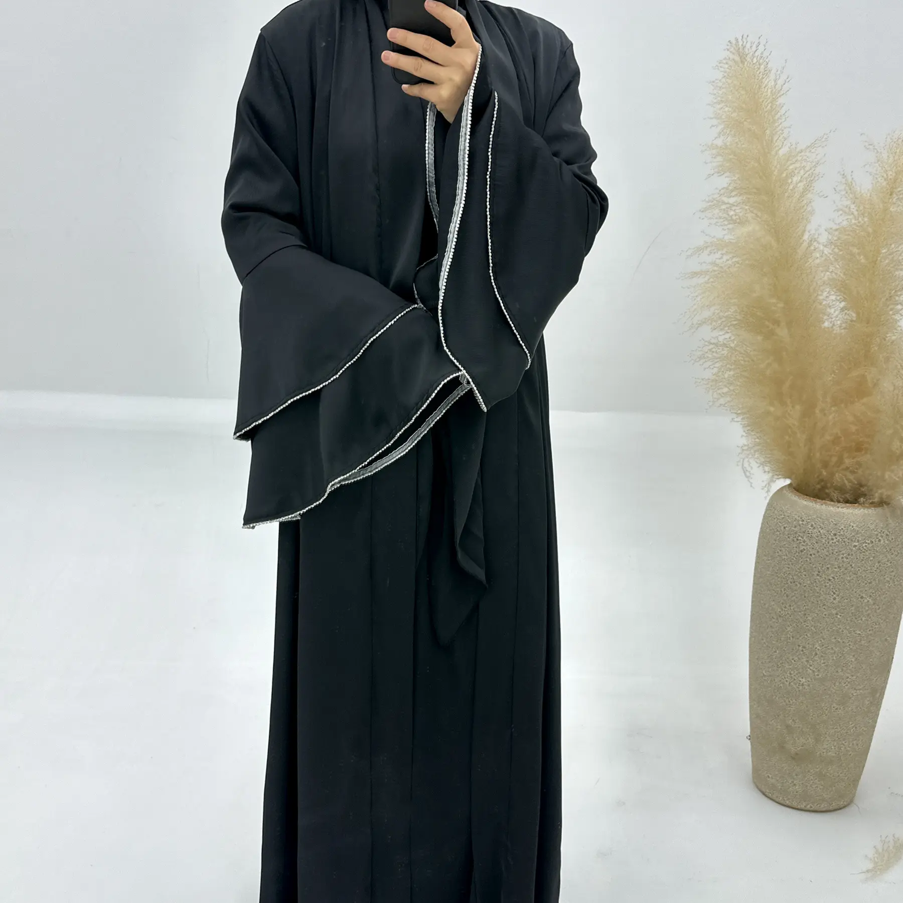 Ensemble robe longue 3 pièces pour femmes musulmanes Dubai Abaya à manches volantées Kaftan Ramadan Cardigan ouvert Kimono Vêtements islamiques