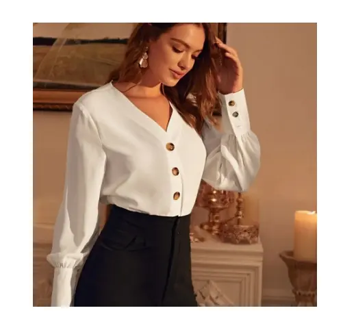 Señoras Venta caliente HSD mujer dama blanco sólido gasa obispo manga larga botón frontal modesto blusa Top camisa Oficina atuendo