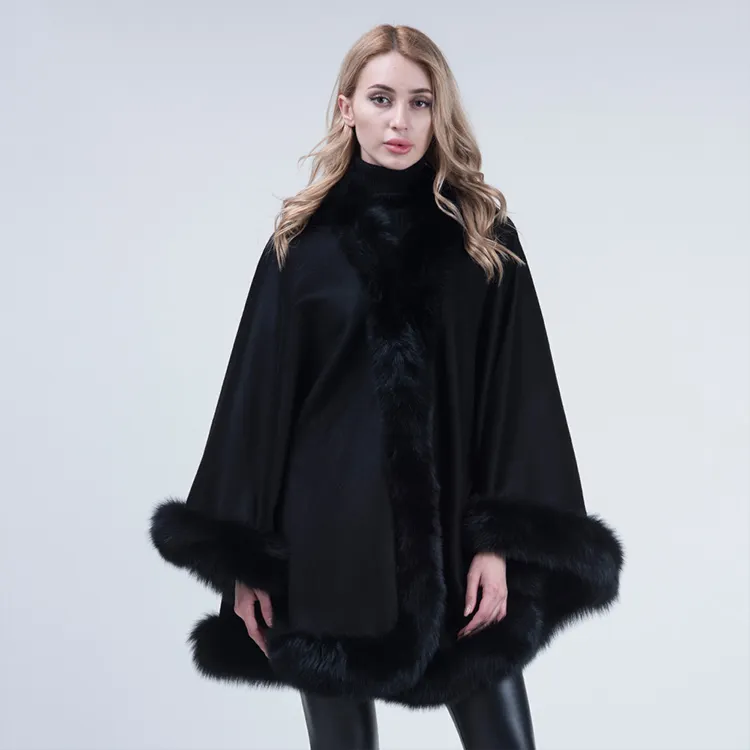 Cape de luxe en cachemire pour femmes, grande Poncho avec ornement en fourrure de renard