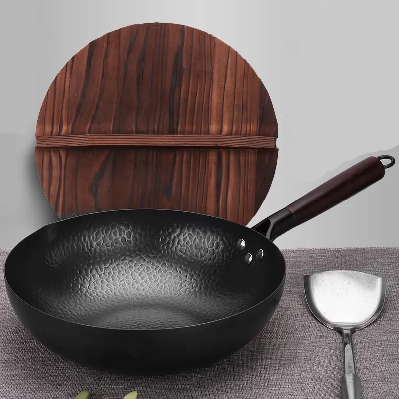 木製のふたが付いている非コーティングの中華鍋手作りの中華鍋ノンスティック炭素鋼中華鍋鍋