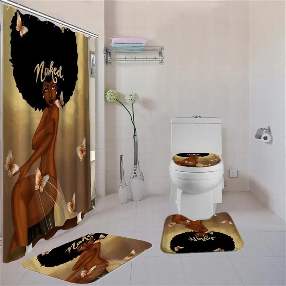 Copriwater antiscivolo per donna afroamericana e set di tende da doccia per tappetino da bagno